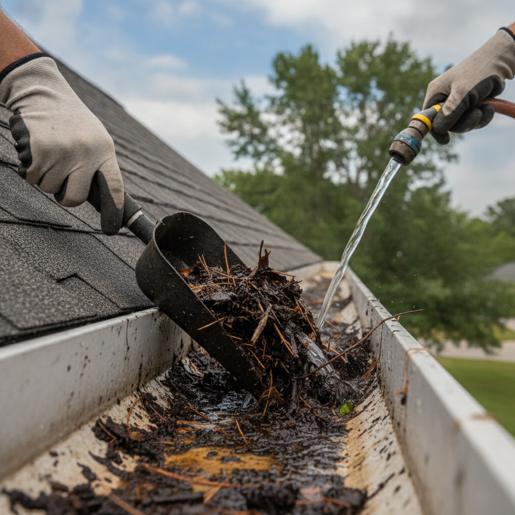 CLEANING INSIDE OF ROOF GUTTER POV